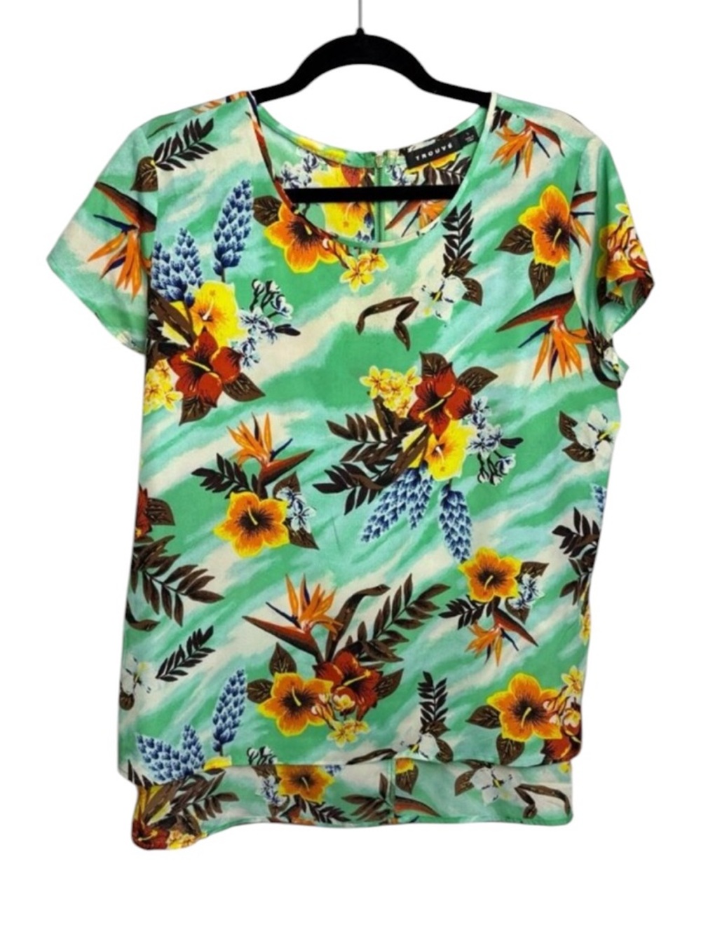 Trouvé tropical print zipper back novelty printed top size Large grannycore